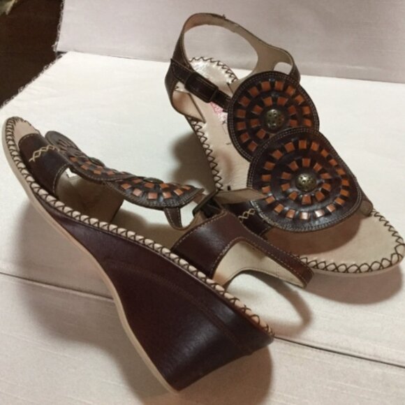 Pikolinos Women Size EU40 US 9 - 9.5 Shoes Wedge Heels Sandals Leather Brown Tan - Picture 3 of 8